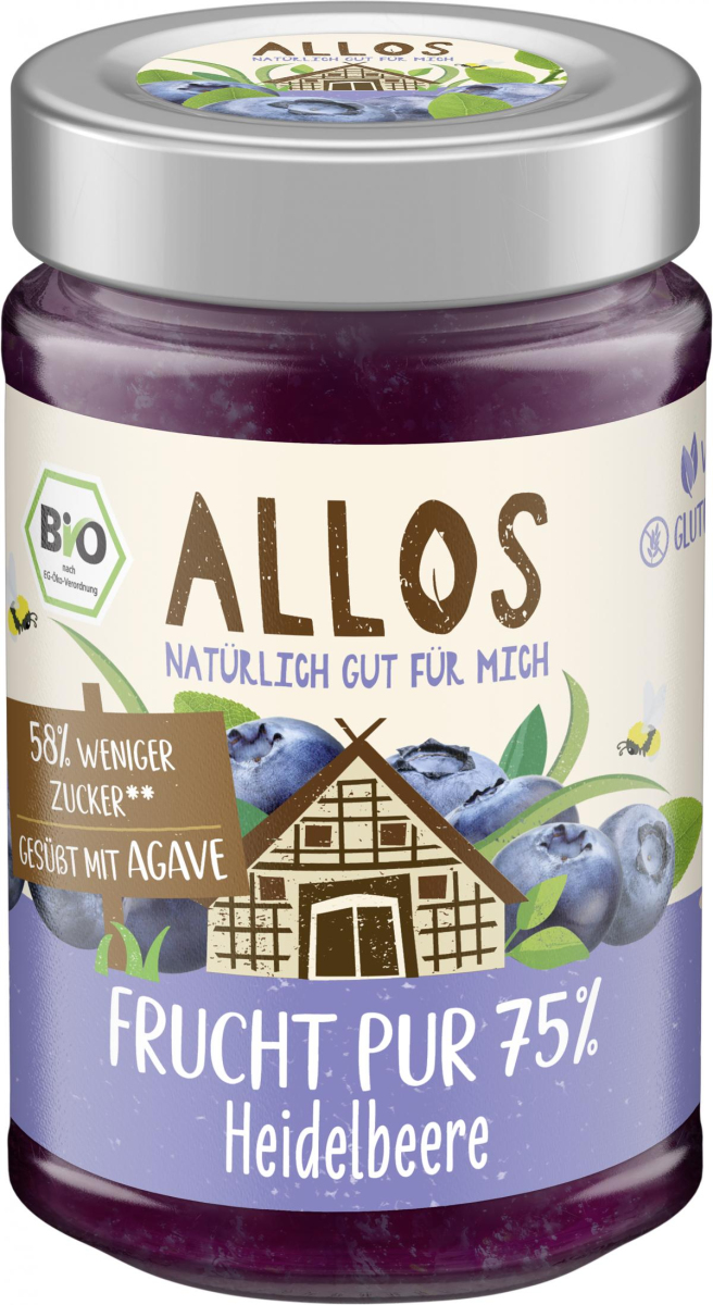 Allos Frucht Pur 75% Heidelbeere, 200 g Glas