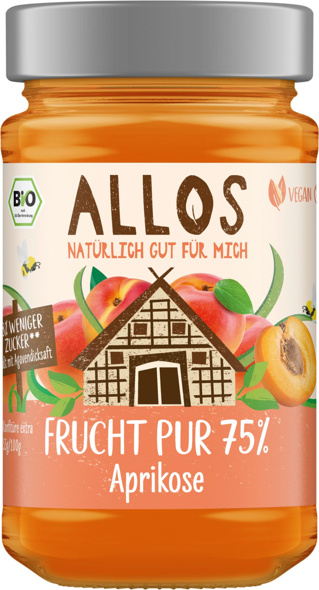 Allos Frucht Pur Aprikose, 250 gr Glas -75% Frucht