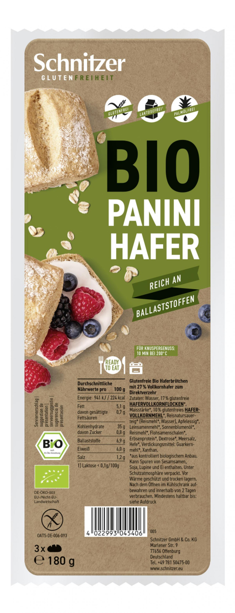 Schnitzer Panini Hafer, 3 St, 180 g Packung -glute