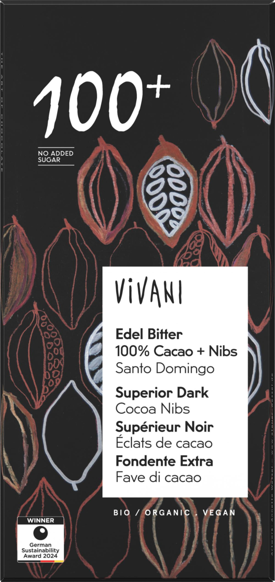 Vivani Edel Bitter 100% Kakao + Nibs, 80 gr Stück