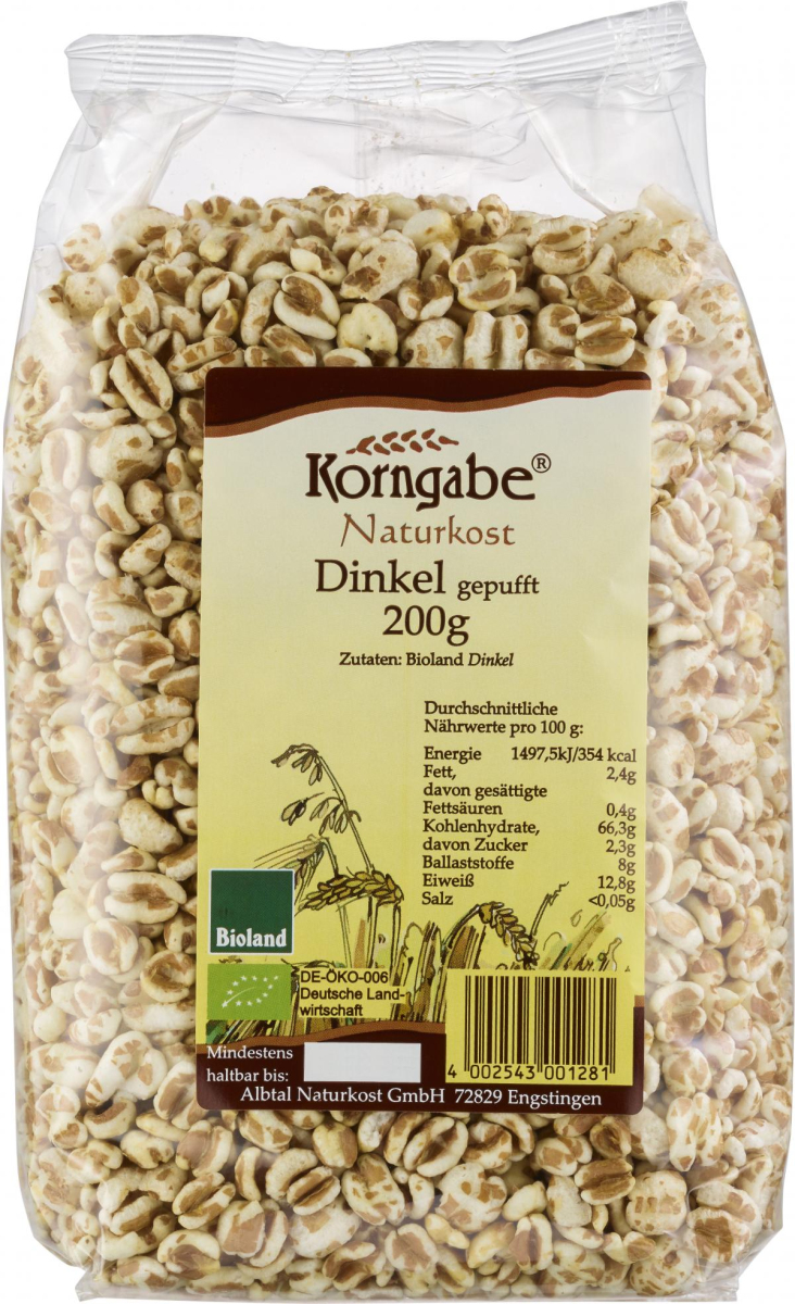 Korngabe Dinkel gepufft ungesüßt, 200 gr Packung