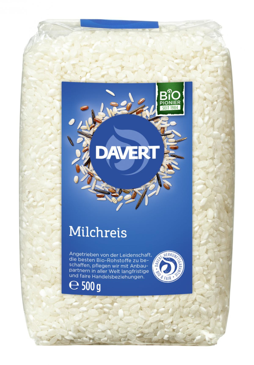 Davert Milchreis, rund, weiß, 500 gr Packung