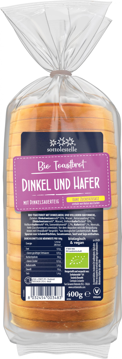 Sottolestelle Toastbrot Dinkel & Hafer, 400 g Pack