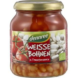 dennree Weiße Bohnen in Tomatensauce, 350 gr Glas